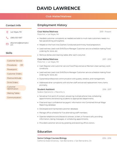 Club Waiter/Waitress Resume