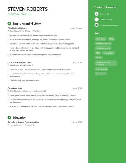 Club Waiter/Waitress Resume