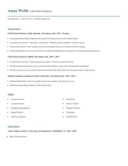 Club Waiter/Waitress Resume