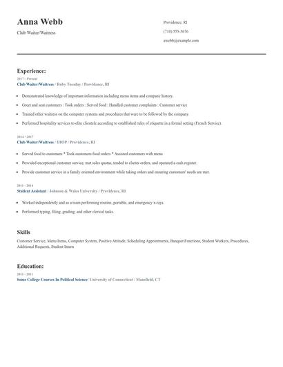 Club Waiter/Waitress Resume
