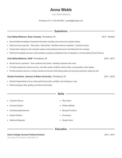 Club Waiter/Waitress Resume