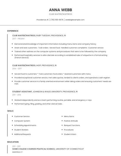 Club Waiter/Waitress Resume