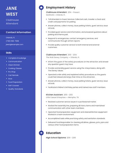 Clubhouse Attendant Resume