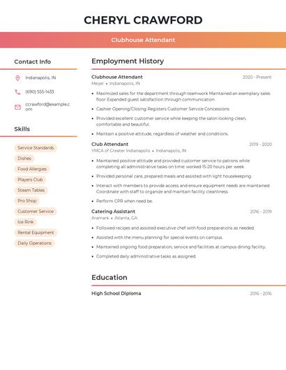 Clubhouse Attendant Resume