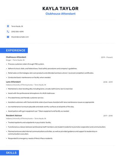 Clubhouse Attendant Resume