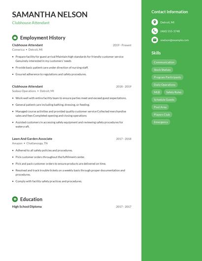 Clubhouse Attendant Resume