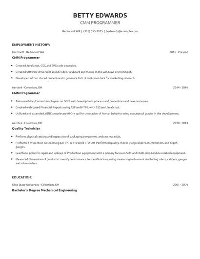 CMM Programmer Resume