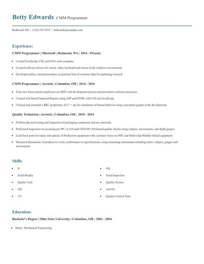CMM Programmer Resume