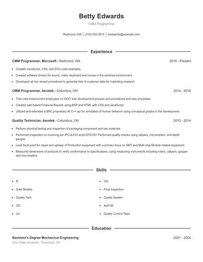 CMM Programmer Resume