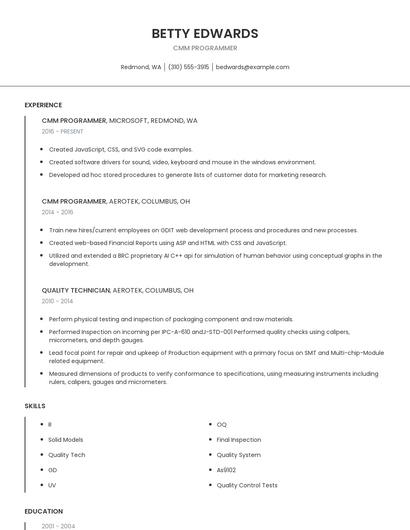 CMM Programmer Resume