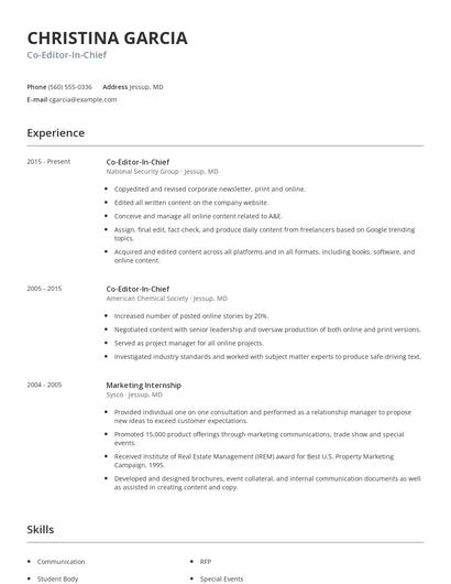 Co-Editor-In-Chief Resume