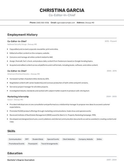 Co-Editor-In-Chief Resume