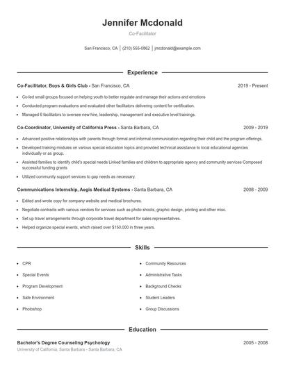 Co-Facilitator Resume