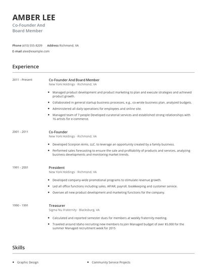Co-Founder And Board Member Resume