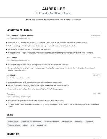 Co-Founder And Board Member Resume