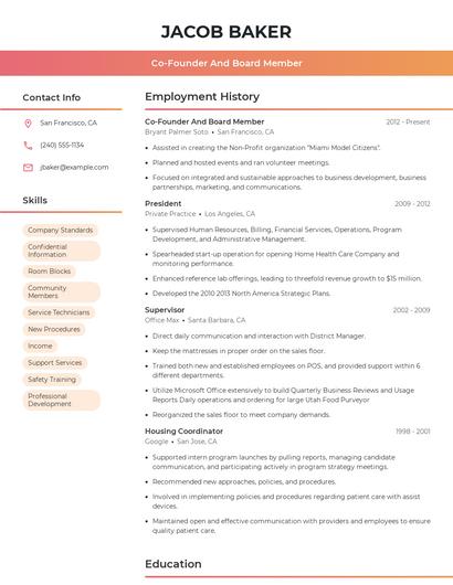 Co-Founder And Board Member Resume