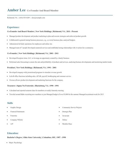 Co-Founder And Board Member Resume