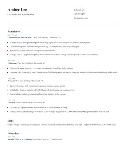 Co-Founder And Board Member Resume