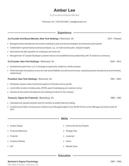 Co-Founder And Board Member Resume