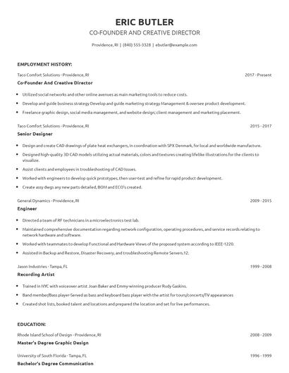 Co-Founder And Creative Director Resume