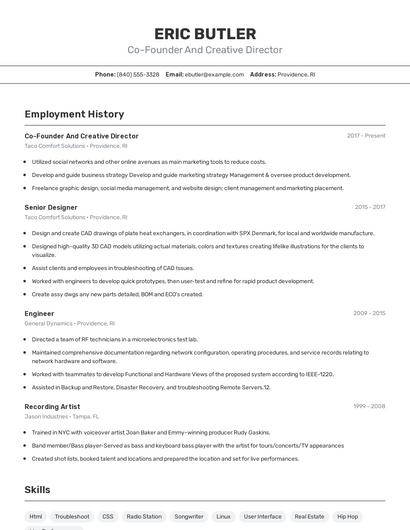 Co-Founder And Creative Director Resume