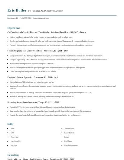 Co-Founder And Creative Director Resume