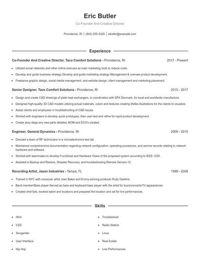 Co-Founder And Creative Director Resume