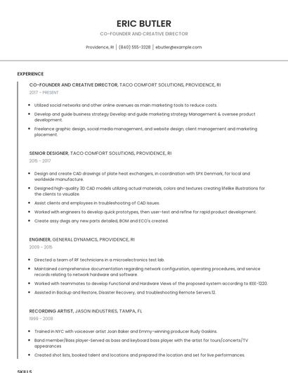 Co-Founder And Creative Director Resume