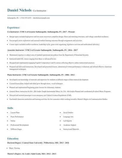 Co-Instructor Resume