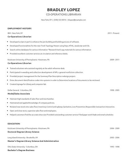 Co-Operations Librarian Resume