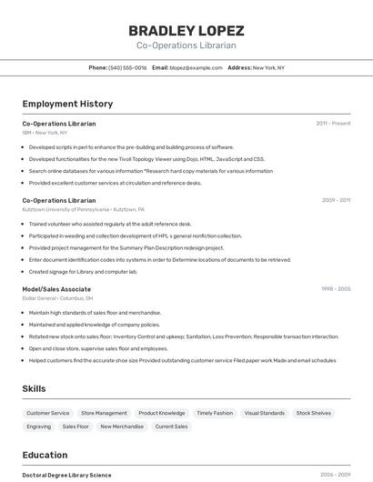 Co-Operations Librarian Resume