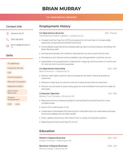 Co-Operations Librarian Resume