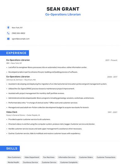 Co-Operations Librarian Resume