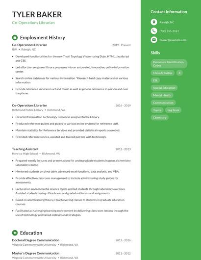 Co-Operations Librarian Resume