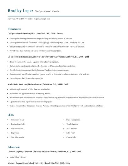 Co-Operations Librarian Resume