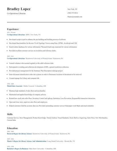 Co-Operations Librarian Resume