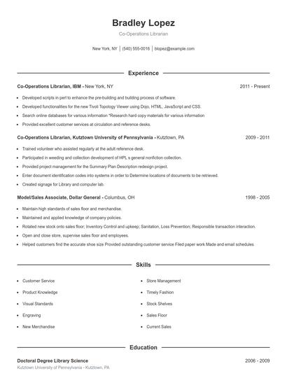 Co-Operations Librarian Resume