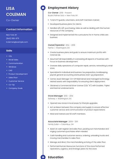 Co-Owner Resume