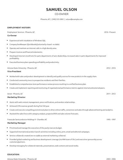 Co-Owner Resume