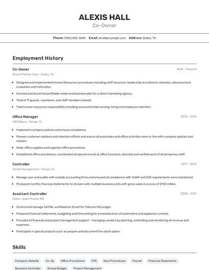 Co-Owner Resume