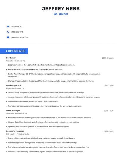 Co-Owner Resume