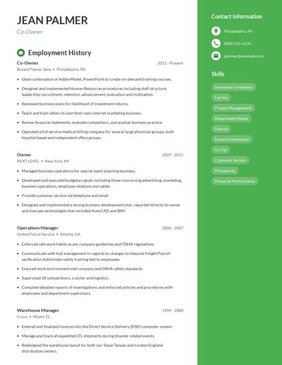Co-Owner Resume
