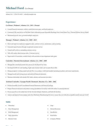 Co-Owner Resume