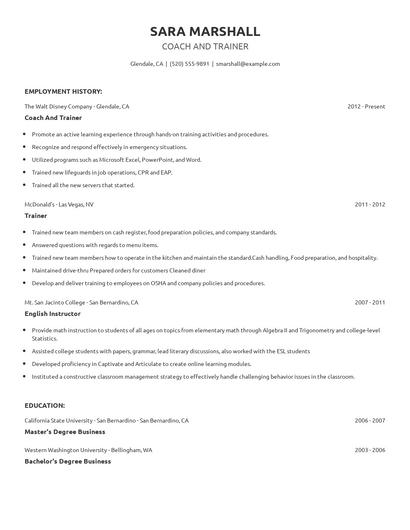 Coach And Trainer Resume