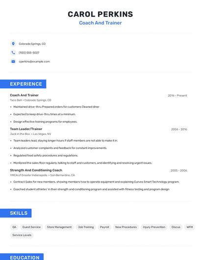 Coach And Trainer Resume