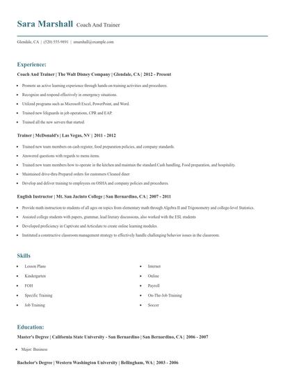 Coach And Trainer Resume
