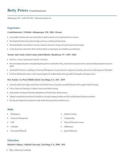 Coach/Instructor Resume