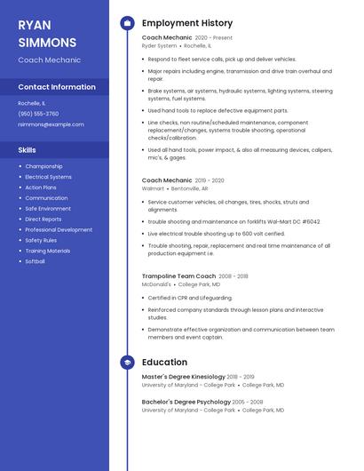 Coach Mechanic Resume
