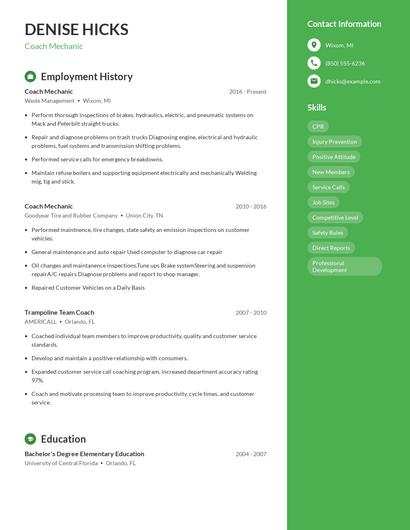 Coach Mechanic Resume