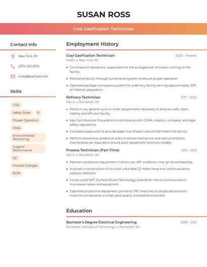 Coal Gasification Technician Resume